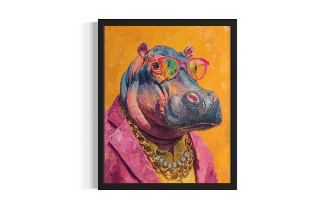 Hippo Animal Poster Art Print Living Room Wall Original Painting Artwork Decor