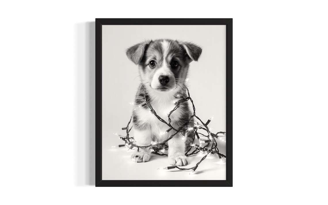 Sweet Corgi Puppy Tangled In Twinkling Christmas Lights Poster