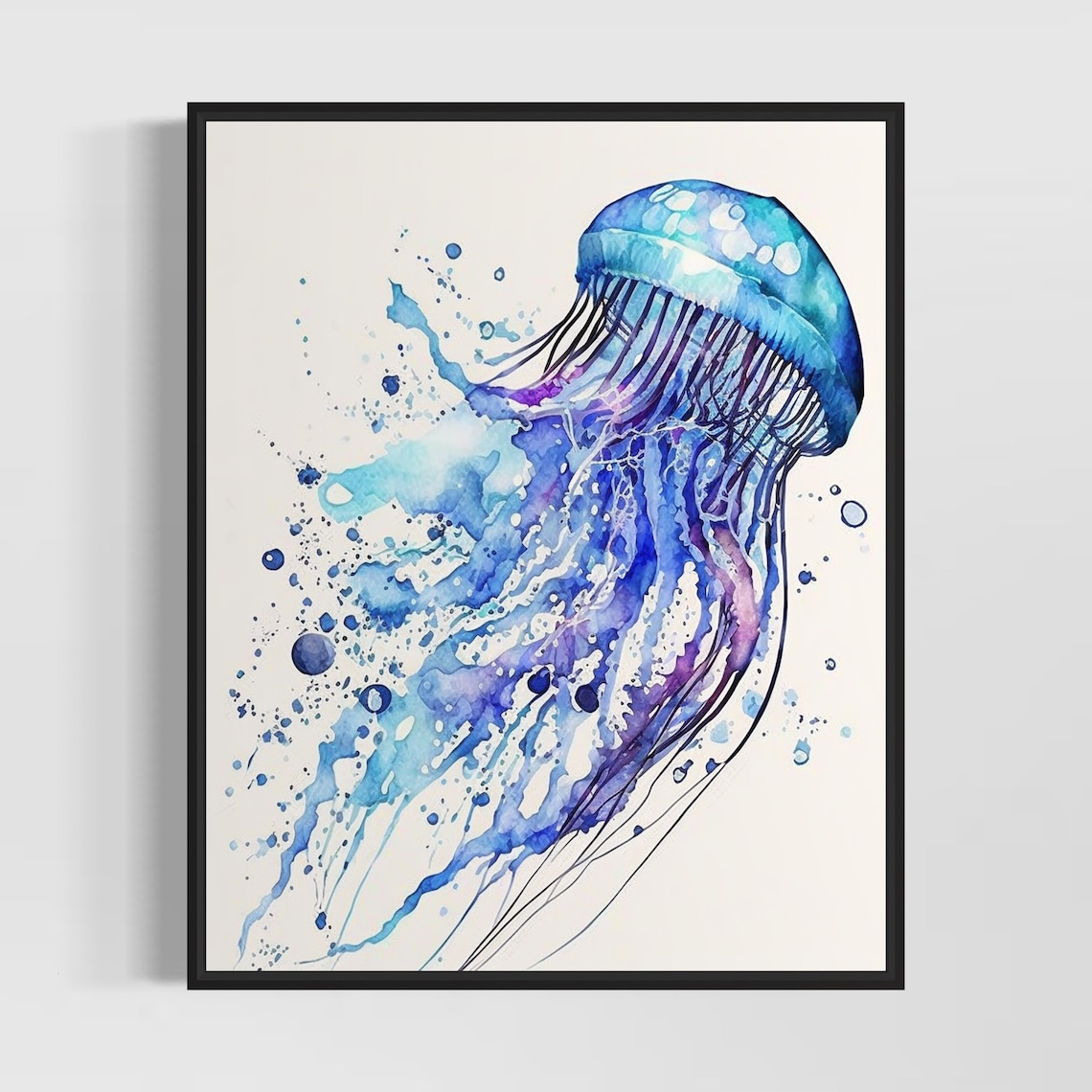 Blue Jellyfish Watercolor Painting Splash Ocean Sea Life Poster