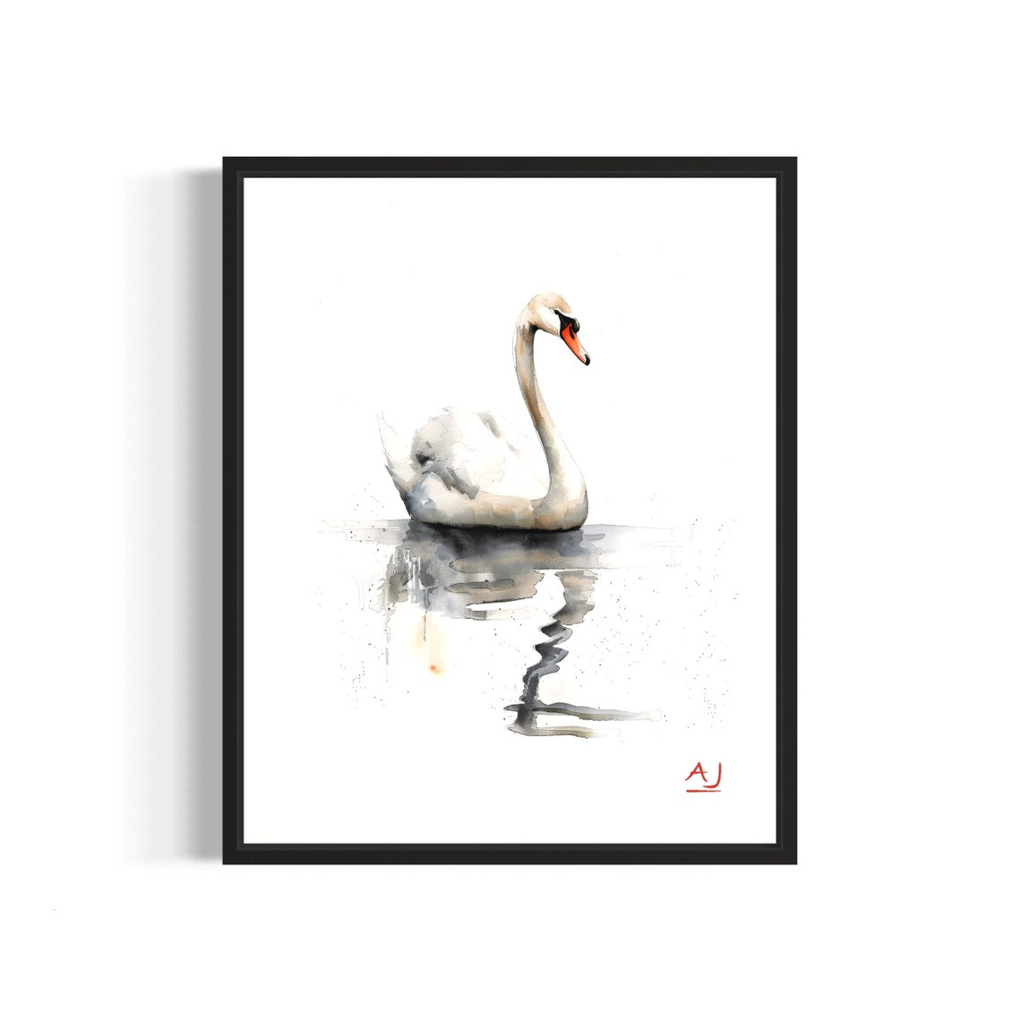 Graceful Mute Swan on Water Reflection Watercolor Art Poster