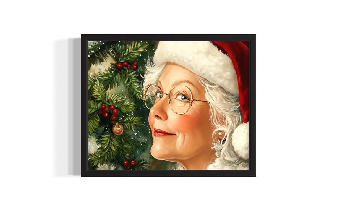 Mrs Claus Portrait in Santa Hat by Christmas Tree Painting Poster