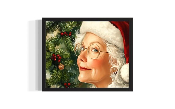 Mrs Claus Portrait in Santa Hat by Christmas Tree Painting Poster