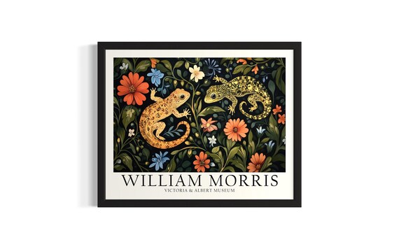 Two Geckos Among Orange and Blue Flowers William Morris Art Poster