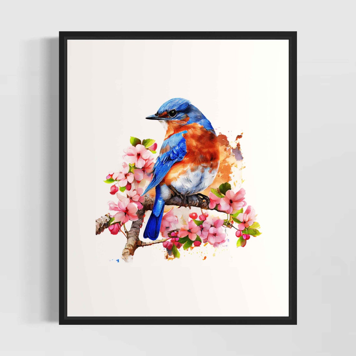 Eastern Bluebird on Pink Cherry Blossoms Watercolor Art Poster