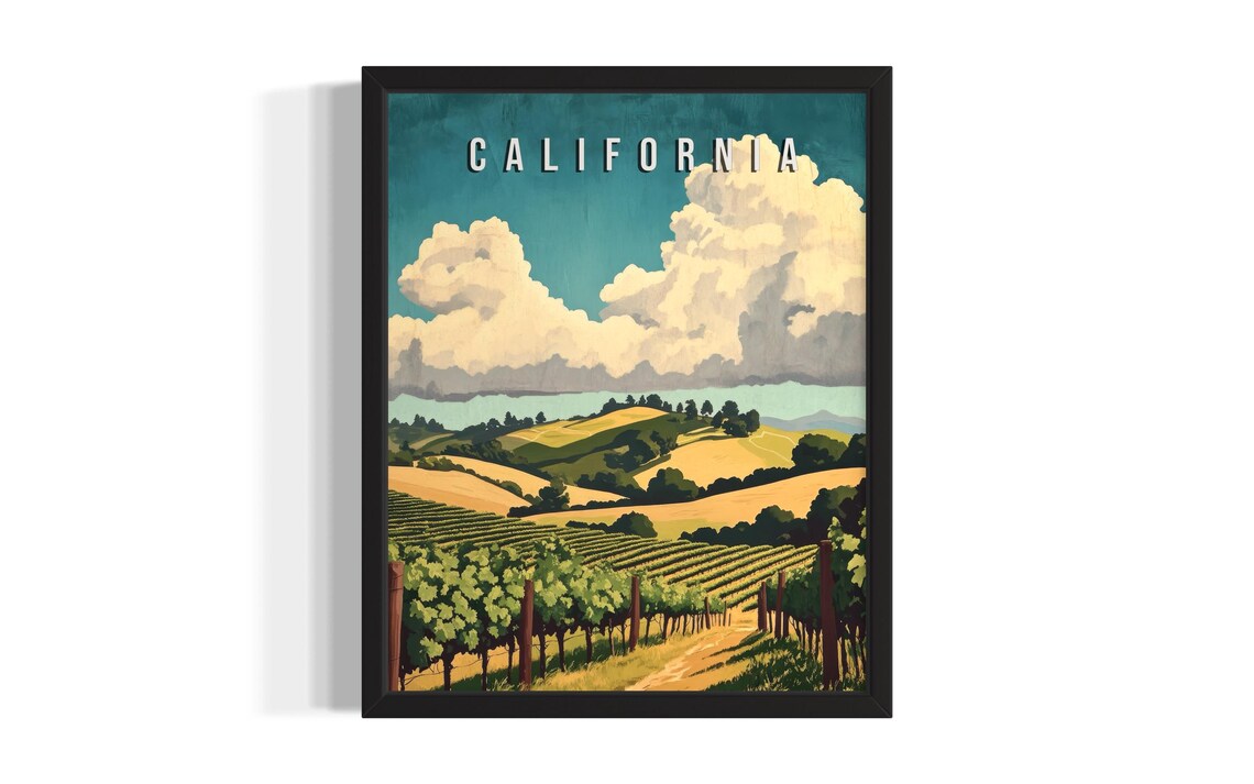 California Golden Vineyard Hills Vintage Travel Style Poster
