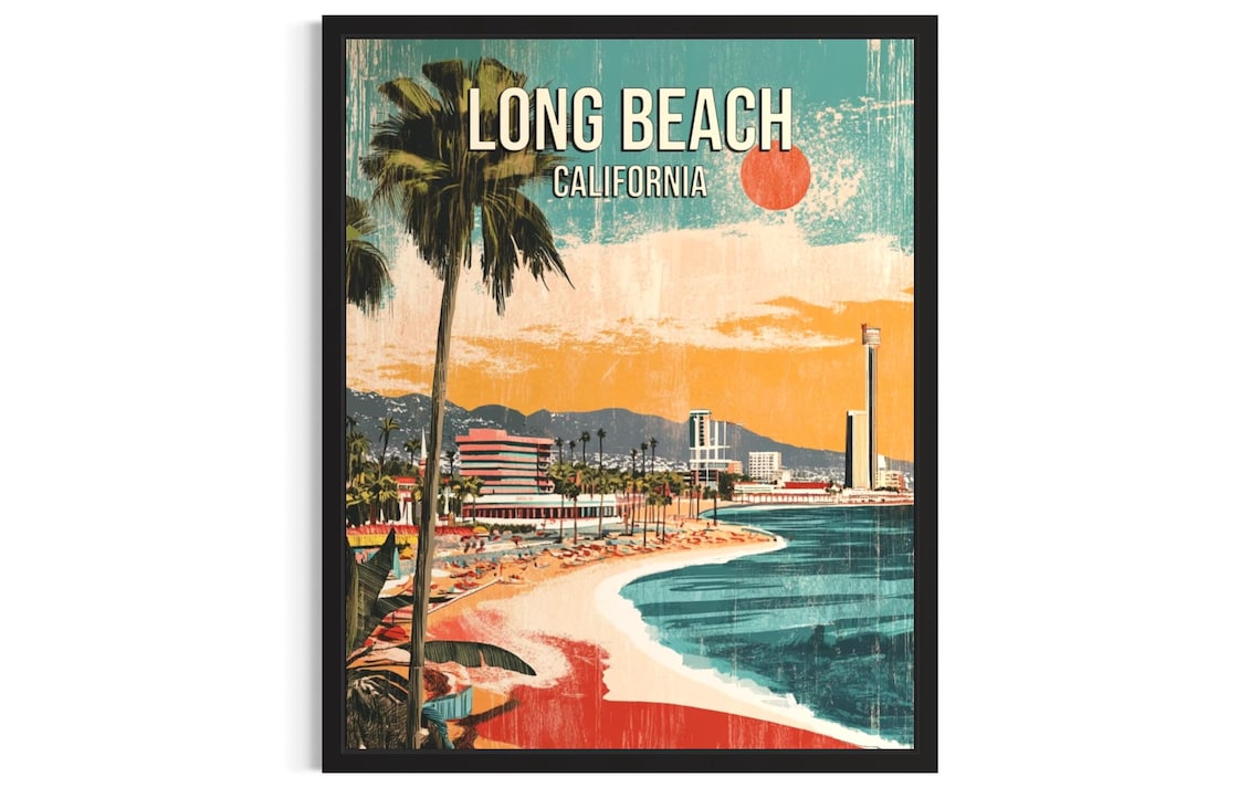 Long Beach California Vintage Travel Poster Red Sun Palm Shore