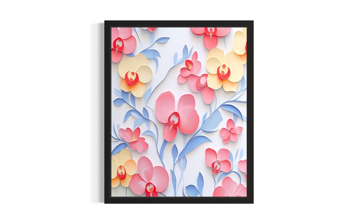 Pink and Yellow Orchid Paper Cut Botanical Art Flower Poster
