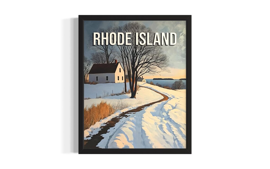 Rhode Island Winter Snow Farmhouse Winding Country Road Art Poster