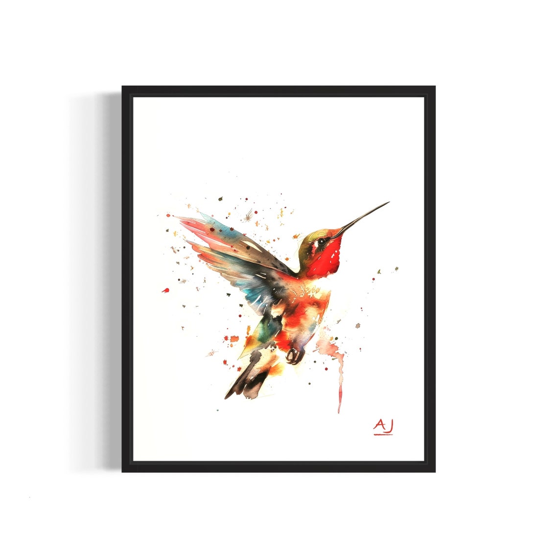 Emerald Hummingbird Hovering at a Flower Watercolor Painting Poster