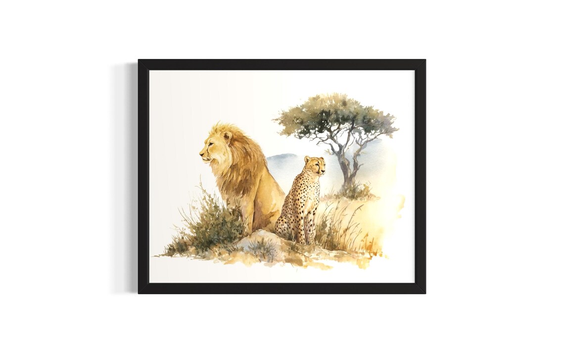 Lion And Cheetah Safari Watercolor African Savanna Wildlife Poster