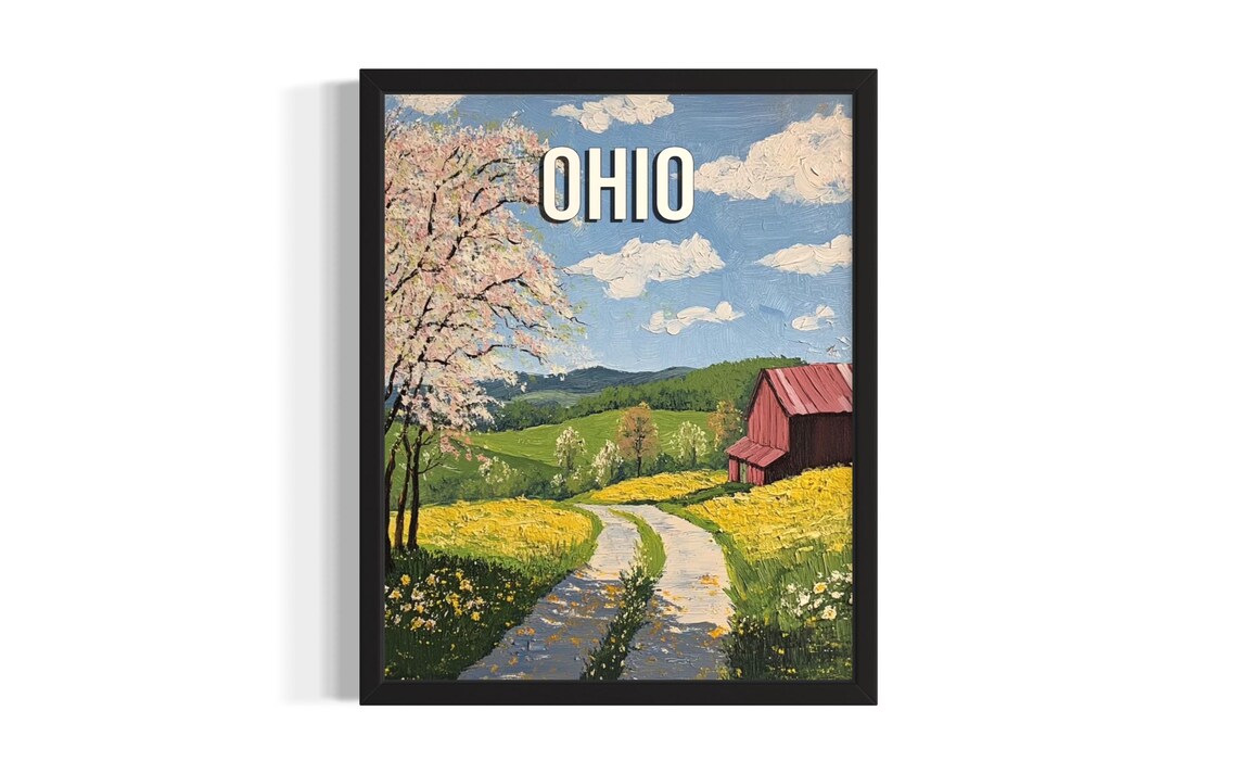 Ohio Spring Blossoms Red Barn Country Road Farm Painting Poster
