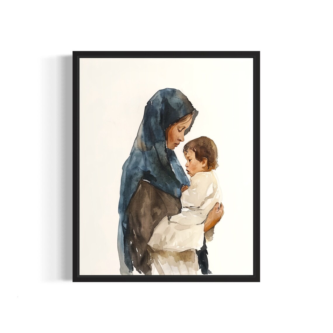 Gentle Madonna Tenderly Holding Child Jesus Watercolor Poster