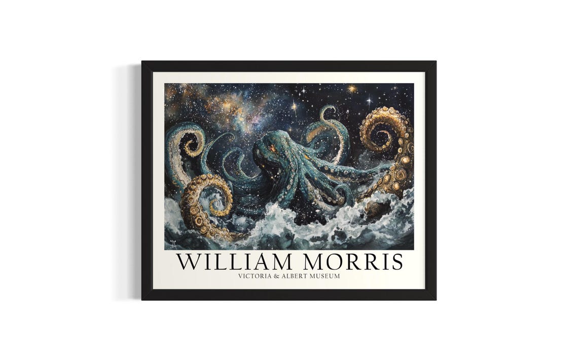 Giant Octopus Rising From Night Waves William Morris Style Art Poster