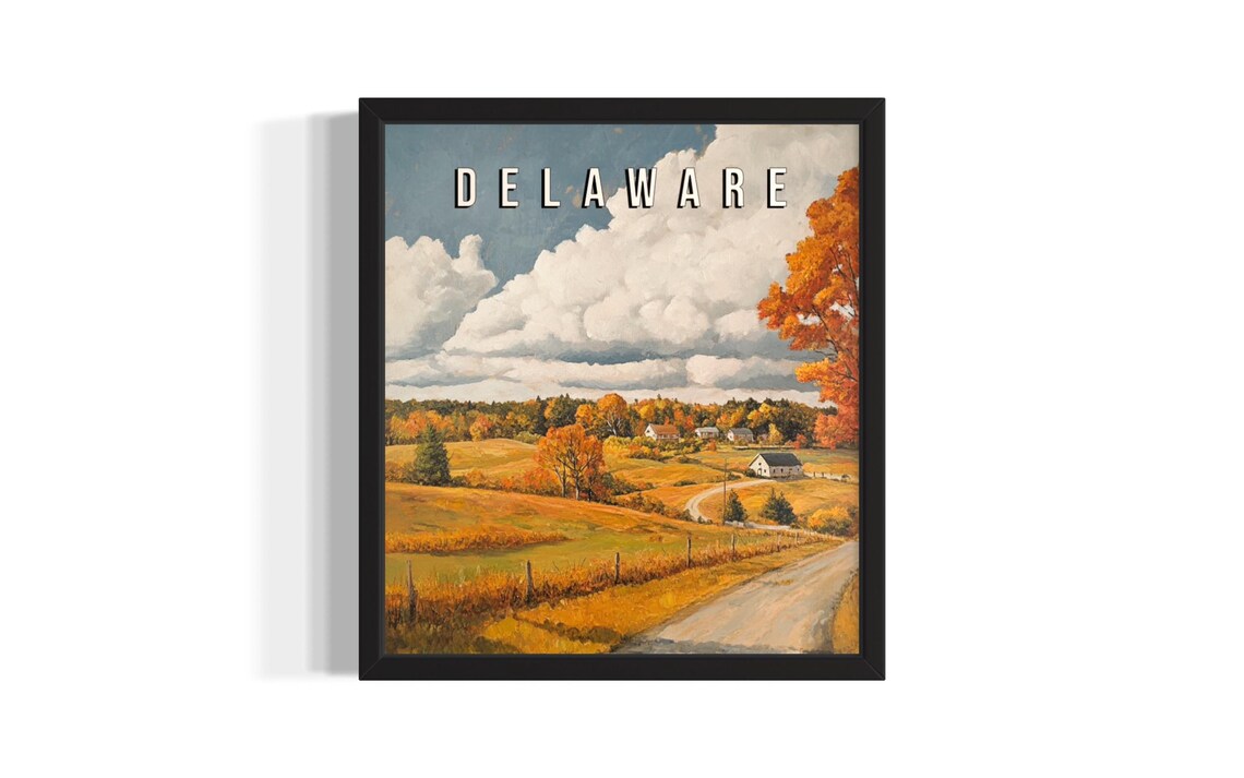 Delaware Autumn Golden Fields Red Foliage Farm Travel Poster