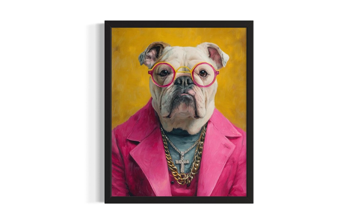 English Bulldog Hip Hop Portrait Pink Blazer Cross Pendant Poster