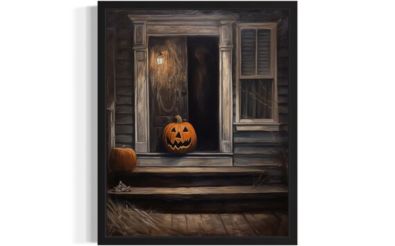 Glowing Jack O Lantern on Dark Porch Spooky Halloween Night Poster