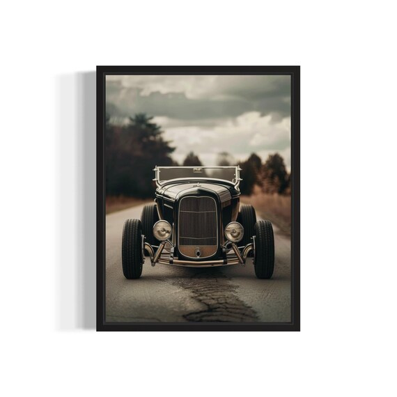 Vintage Hot Rod Roadster Front View on Country Road Classic Car Poster
