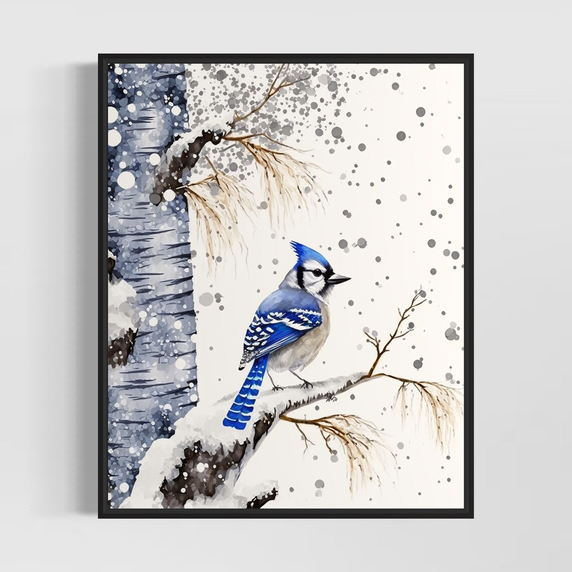 Blue Jay on Snowy Birch Branch in Winter Watercolor Art Poster