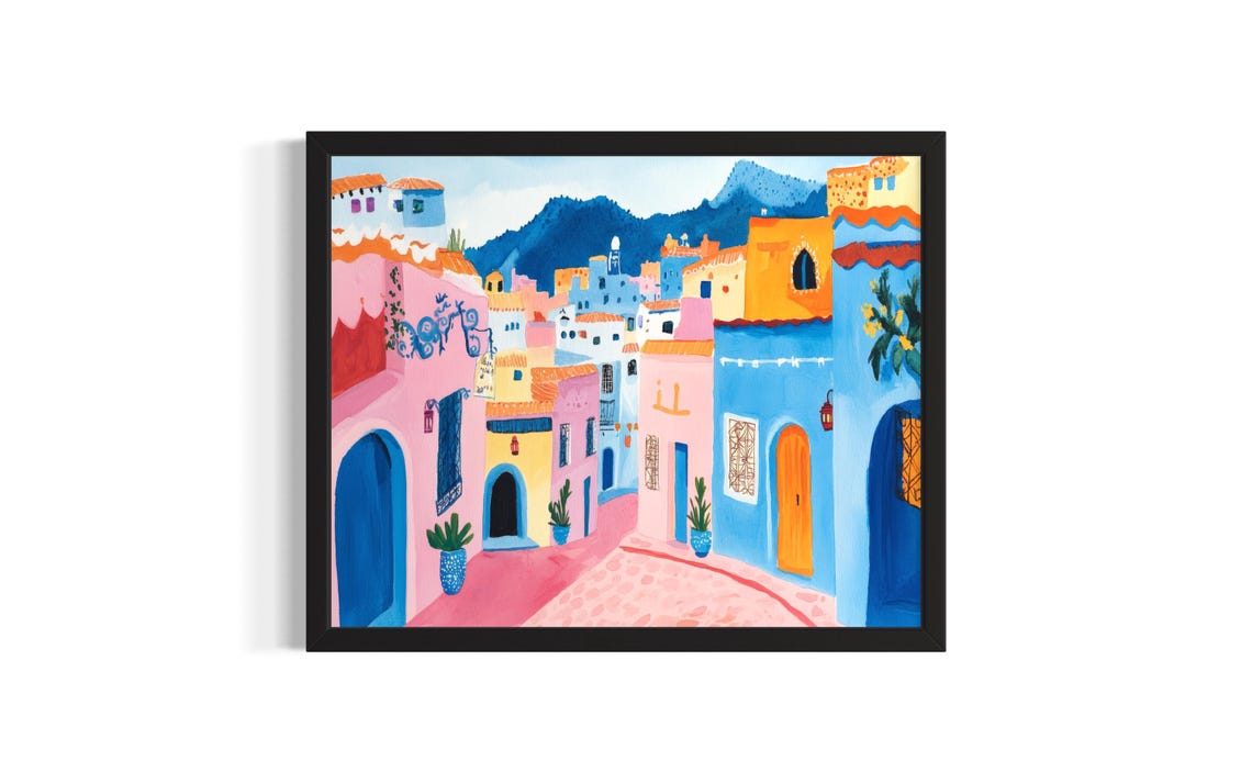 Colorful Moroccan Old Town Street Blue Mountain Town Art Poster