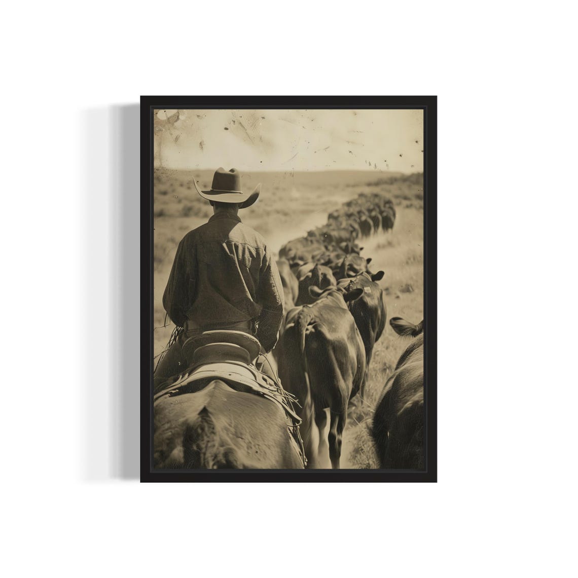 Cowboy on Horseback Leading Cattle Herd Across Sepia Prairie Poster