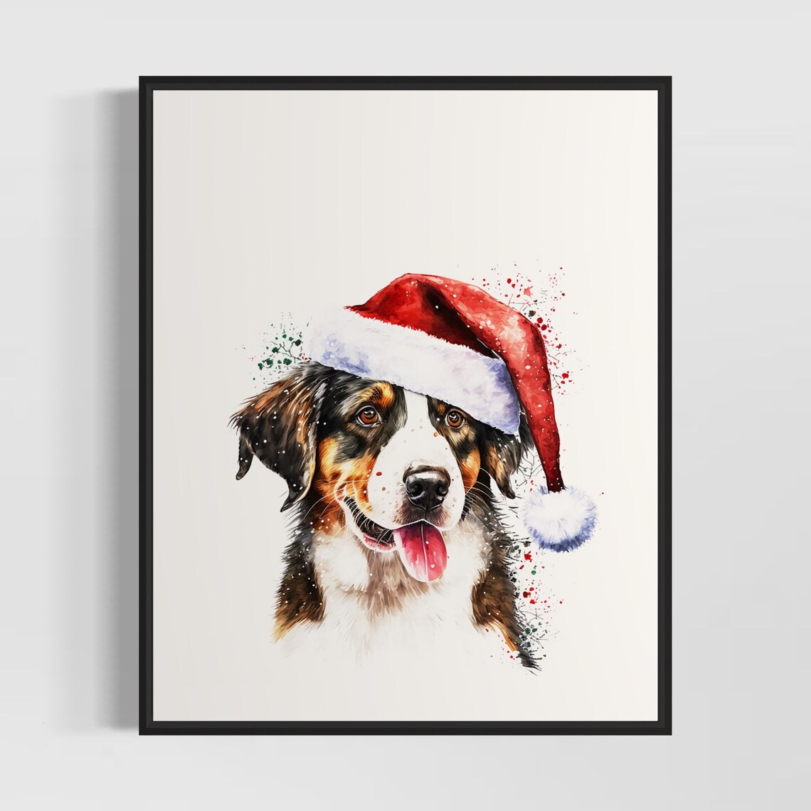 Fluffy Tri-Color Dog Wearing a Santa Hat Christmas Watercolor Poster