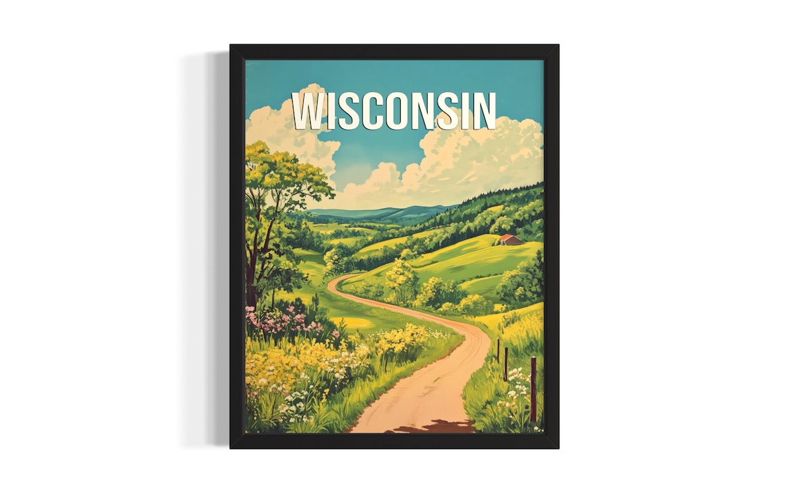 Wisconsin Rolling Green Hills Country Road Retro Travel Poster