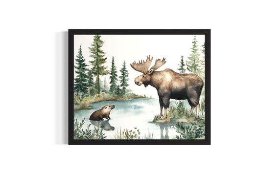 Moose And Beaver Animal In Harmony Forest Wildlife Poster Art Print Living Room Wall Original Painting Artwork Decor