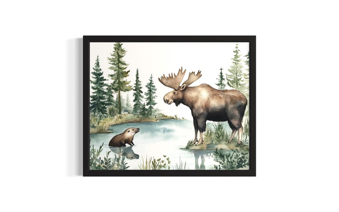 Moose and Beaver by a Calm Pine Lake Watercolor Wildlife Poster