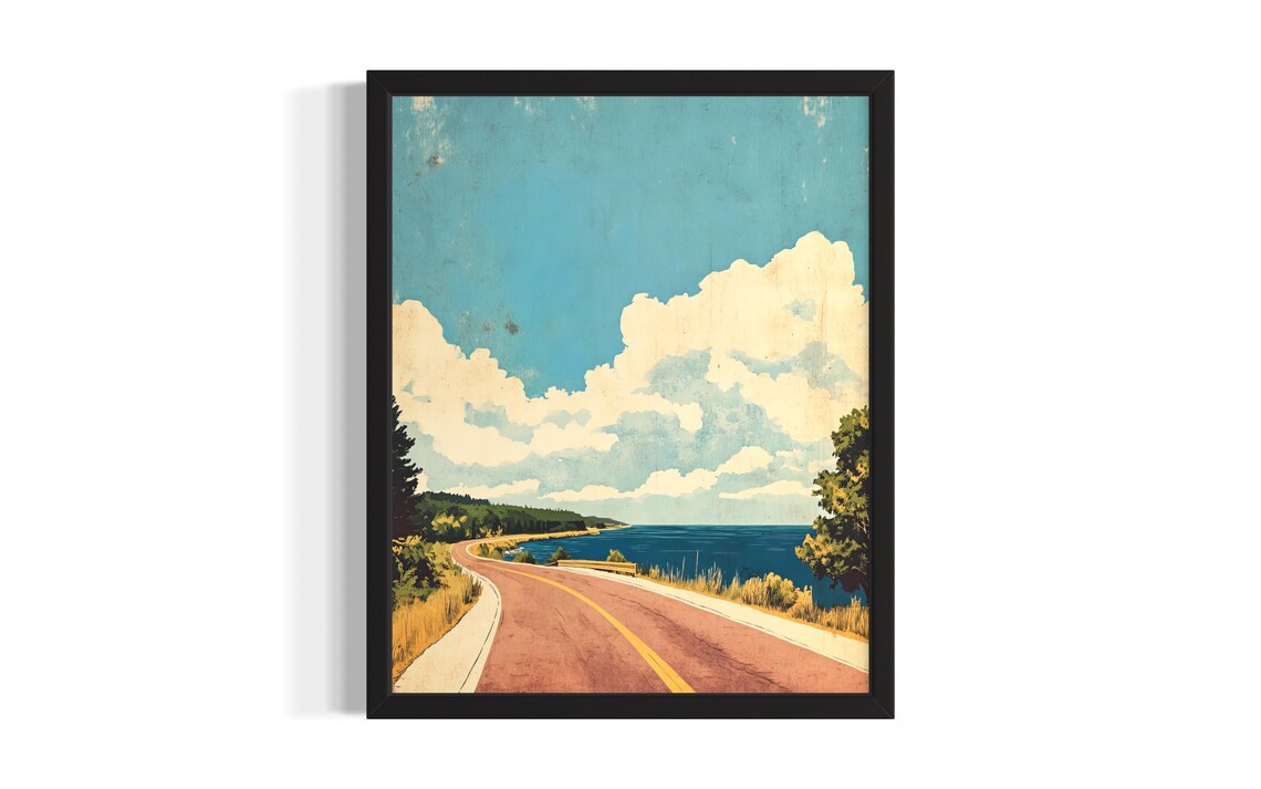 Michigan Scenic Lakeside Road Coastal Drive Vintage Travel Poster