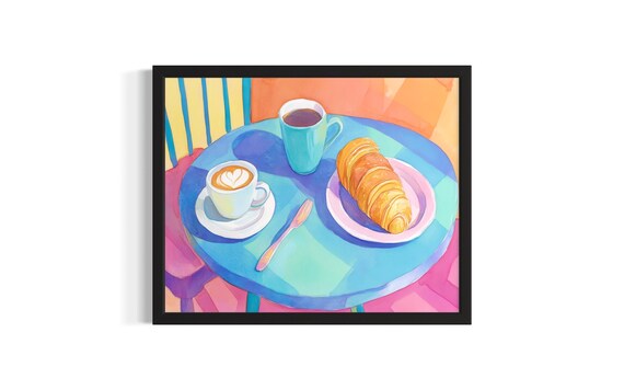 Coffee Croissant Cafe Table Latte Art Watercolor Kitchen Poster