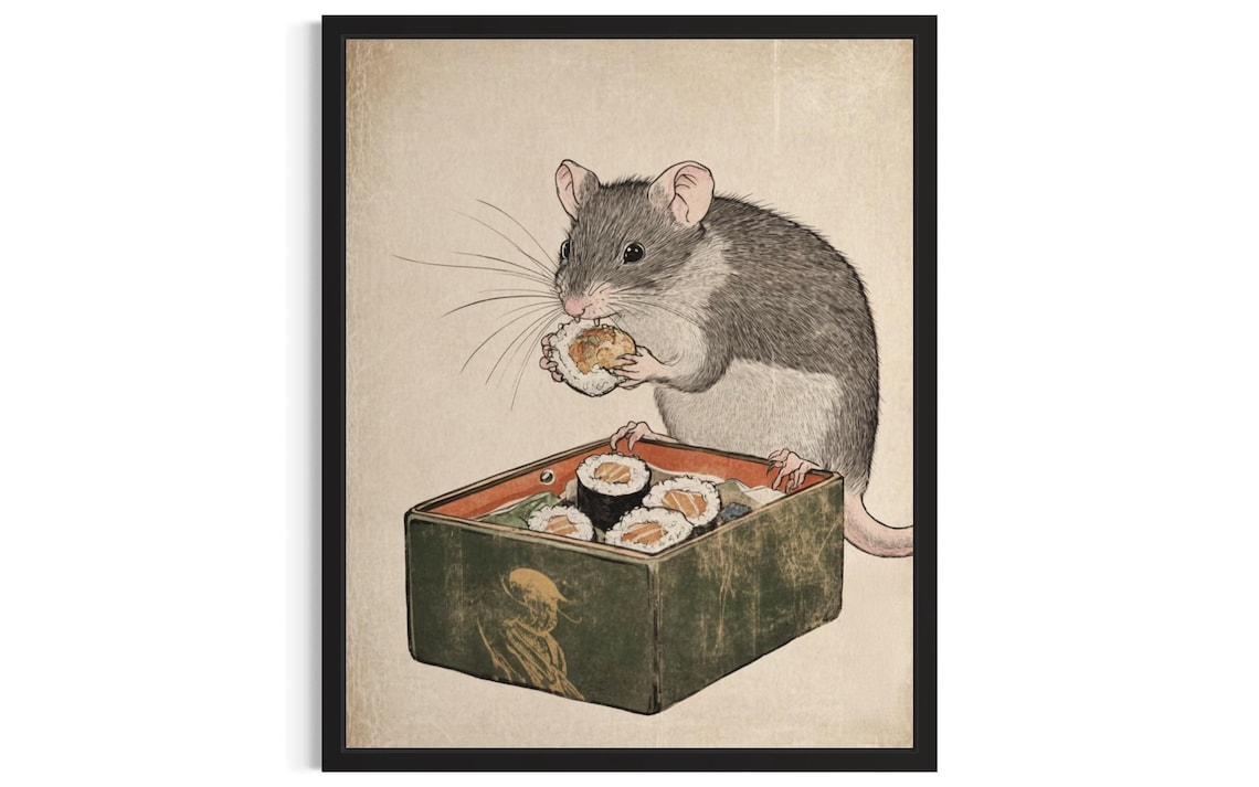 Mouse Eating Sushi Japanese Woodblock Style Cute Food Art Poster