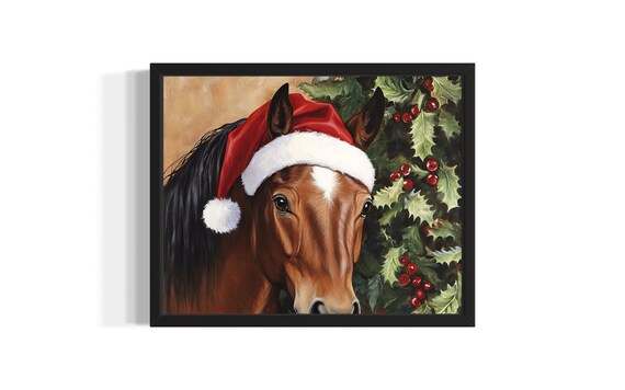 Brown Horse in Santa Hat with Christmas Holly Berries Painting Poster