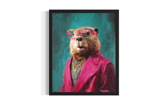 Groundhog Hip Hop Portrait Rainbow Glasses Pink Blazer Funny Poster