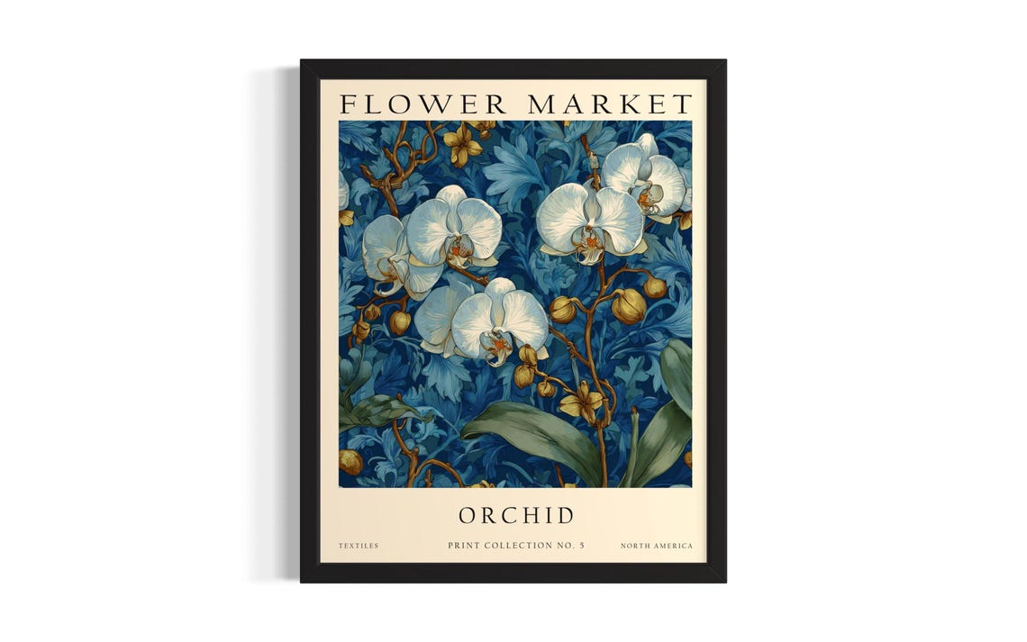 Orchid Flower Market White Bloom Blue Textile Vintage Poster