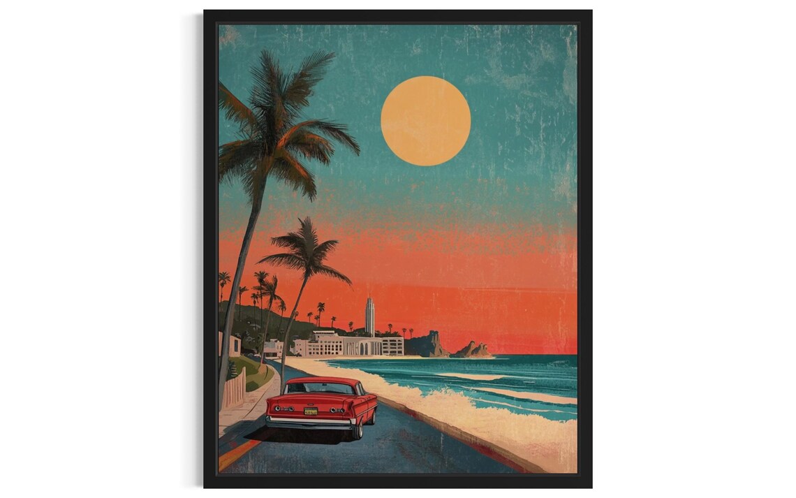 Vintage Red Classic Car Coastal Road Sunset Retro Travel Poster