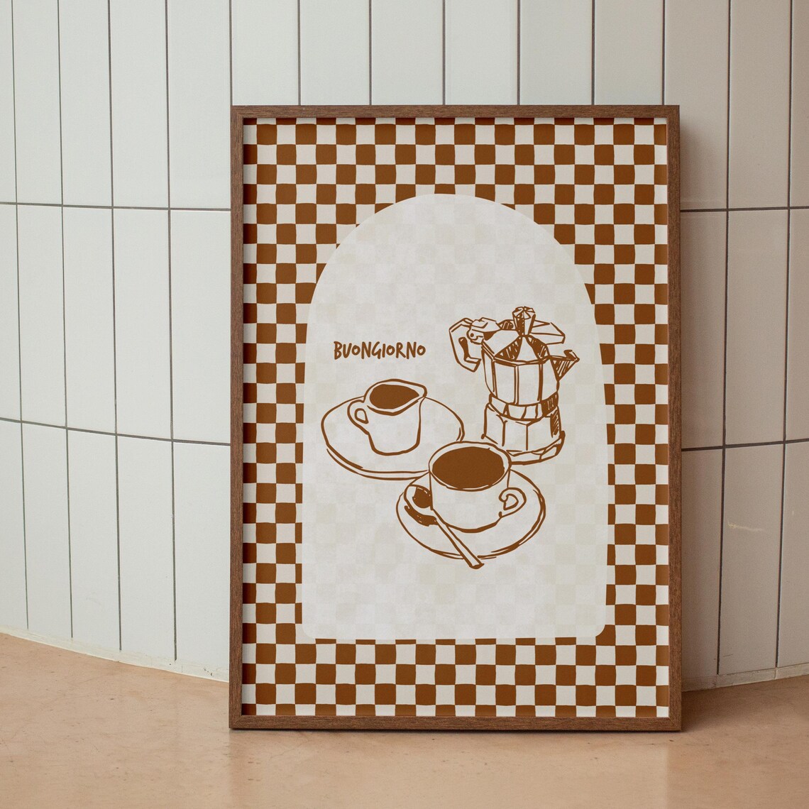 Buongiorno Moka Pot Espresso Cups Brown Checkered Kitchen Poster - Image 3