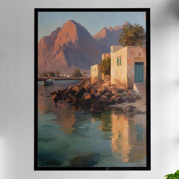 Oman Coastal Mountain Fishing Village Sunset Oil Painting Poster