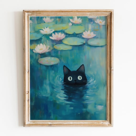 Black Cat Swimming in Monet Water Lilies Funny Whimsical Poster