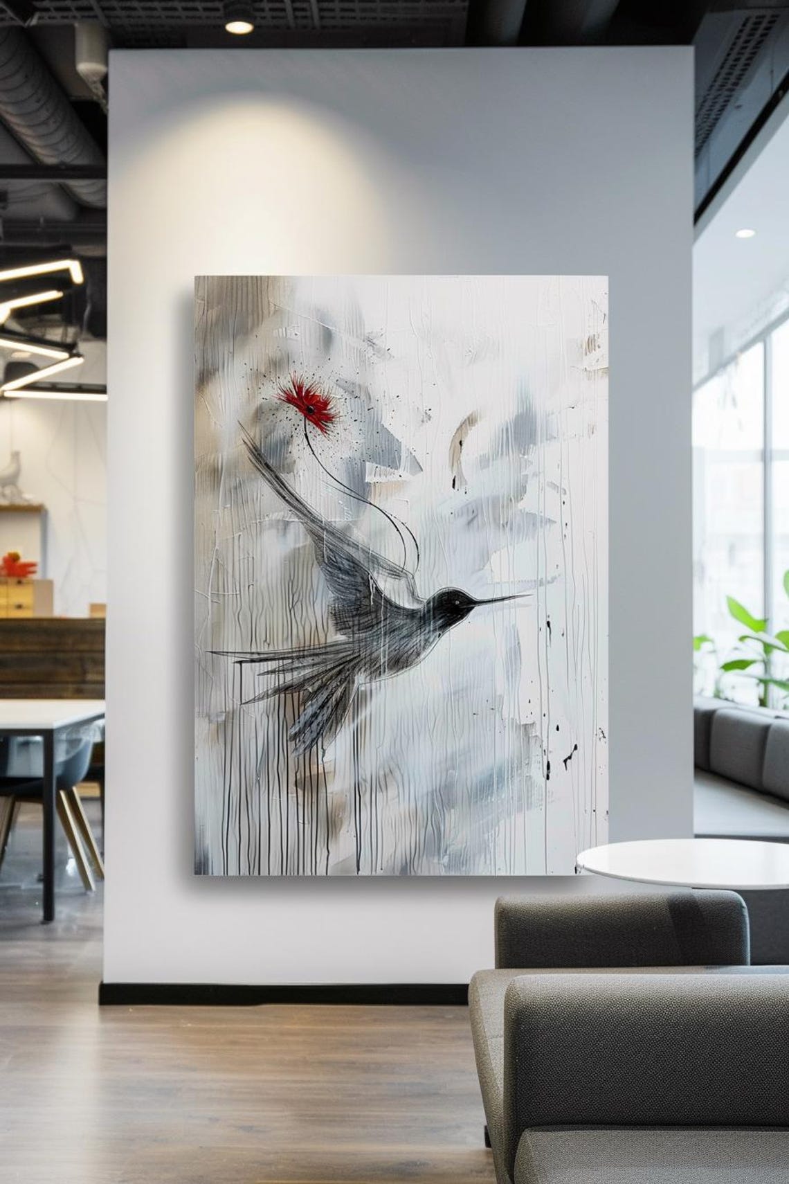 Hummingbird Reaching a Red Flower Ink Sketch Painting Poster