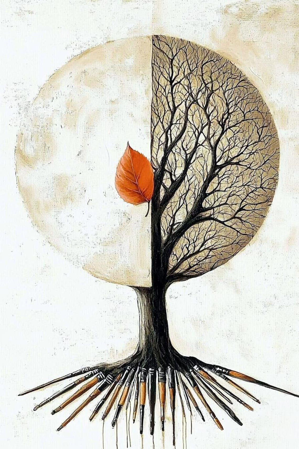 Half Tree Half Moon Single Orange Leaf Minimal Abstract Poster - Image 2