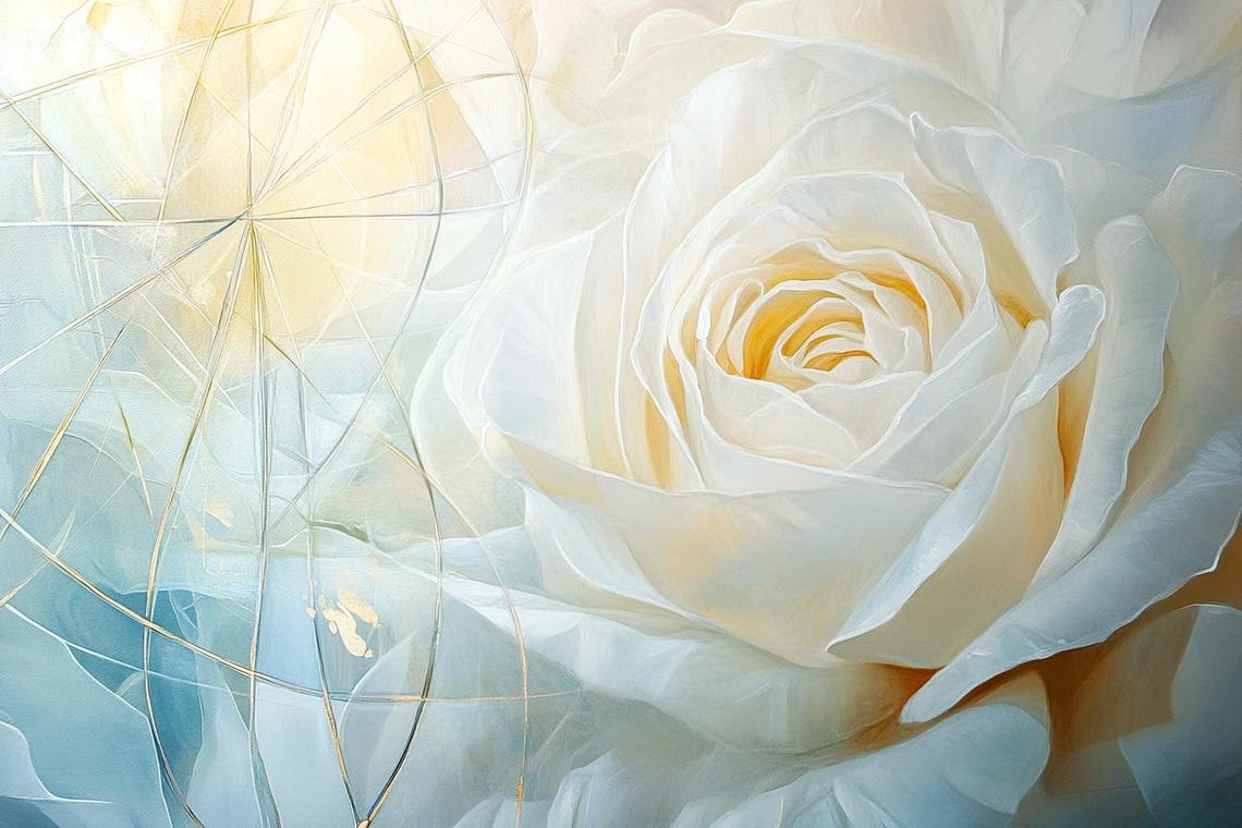 White Rose with Golden Geometric Lines Botanical Painting Poster - Image 2
