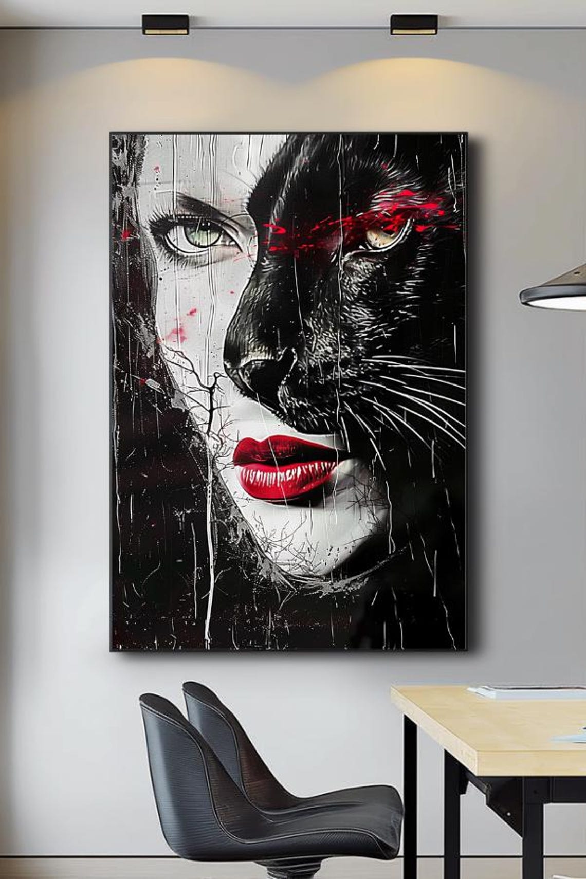 Woman and Black Panther Split Face Red Black Modern Art Poster - Image 3