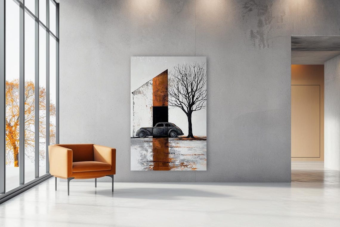 Vintage Black Car Under Bare Tree Orange Door Scene Art Poster