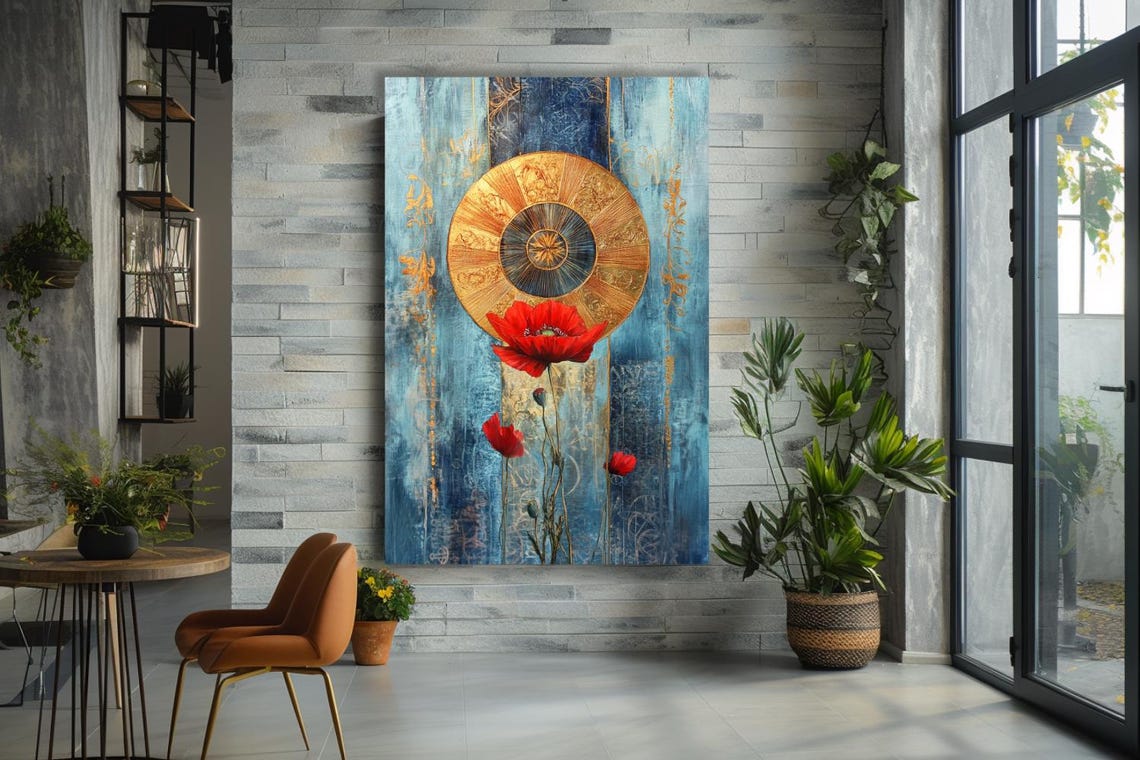 Gold Sun Medallion Over Red Poppy Blue Abstract Floral Poster - Image 3