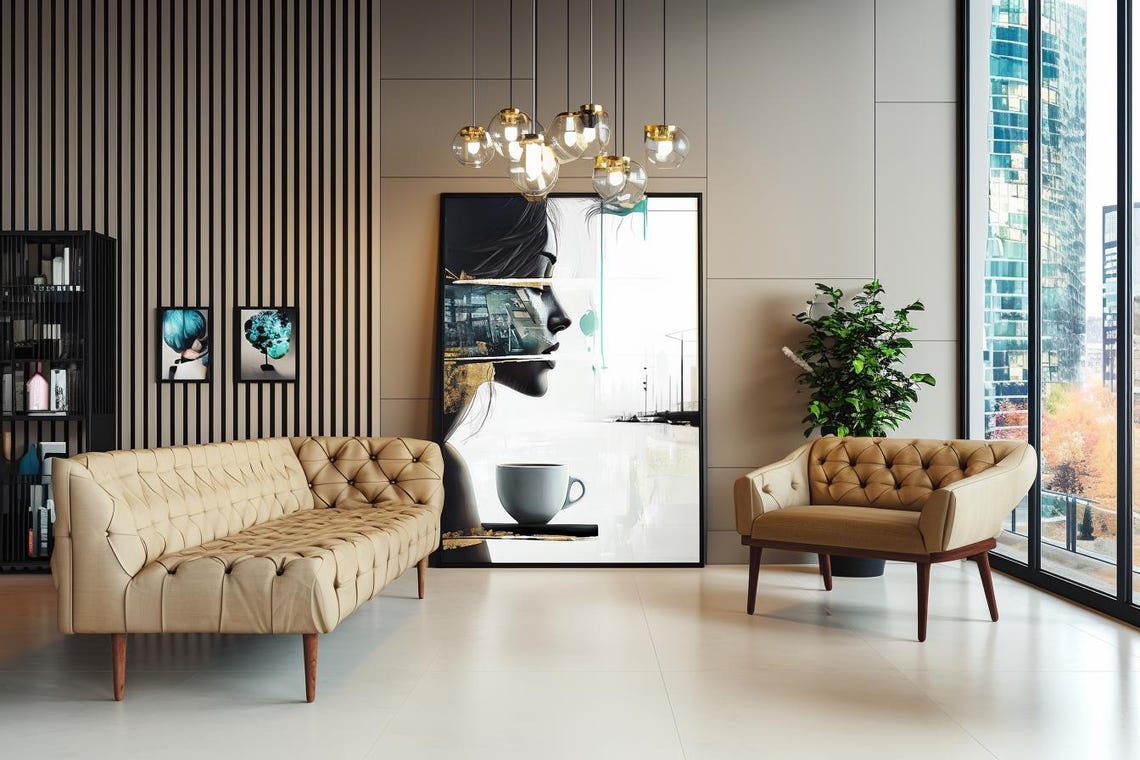 New Day Woman Profile Coffee Cup City Collage Abstract Art Poster