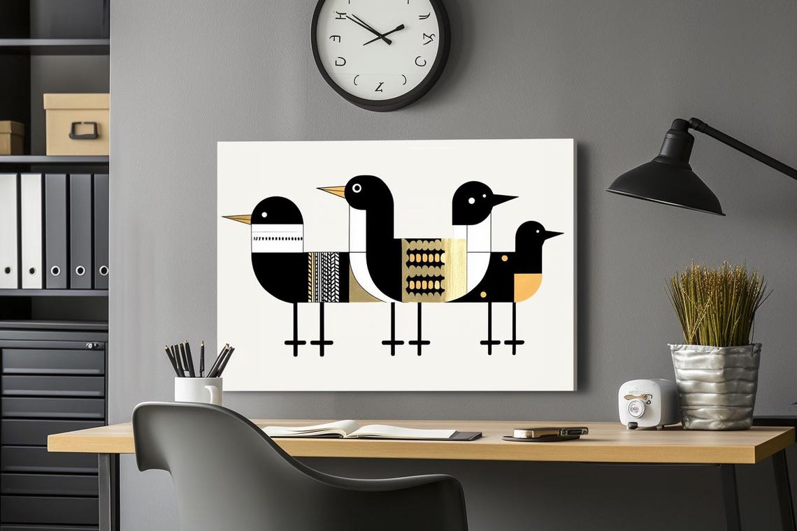 Geometric Black Gold Patterned Birds Mid Century Modern Poster