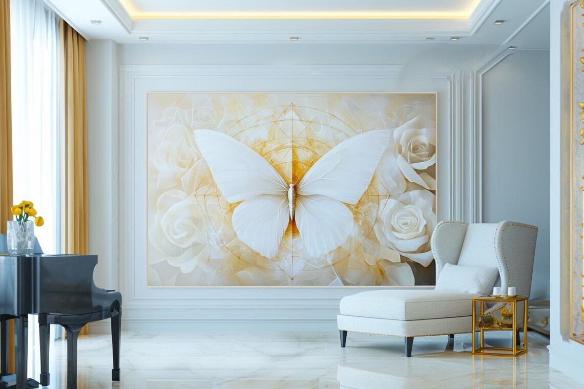 White Butterfly Over Golden Lines and White Roses Painting Poster