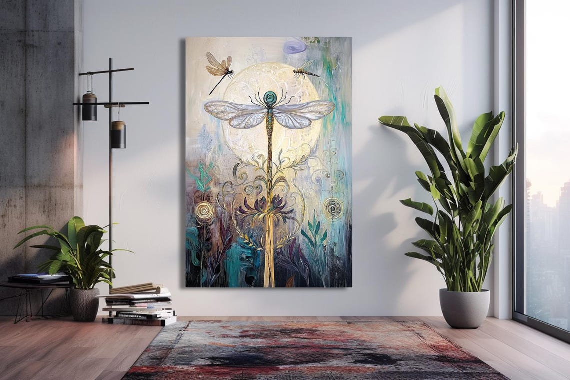 Dragonfly Wings Of Light Over Glowing Moon Botanical Art Poster - Image 2