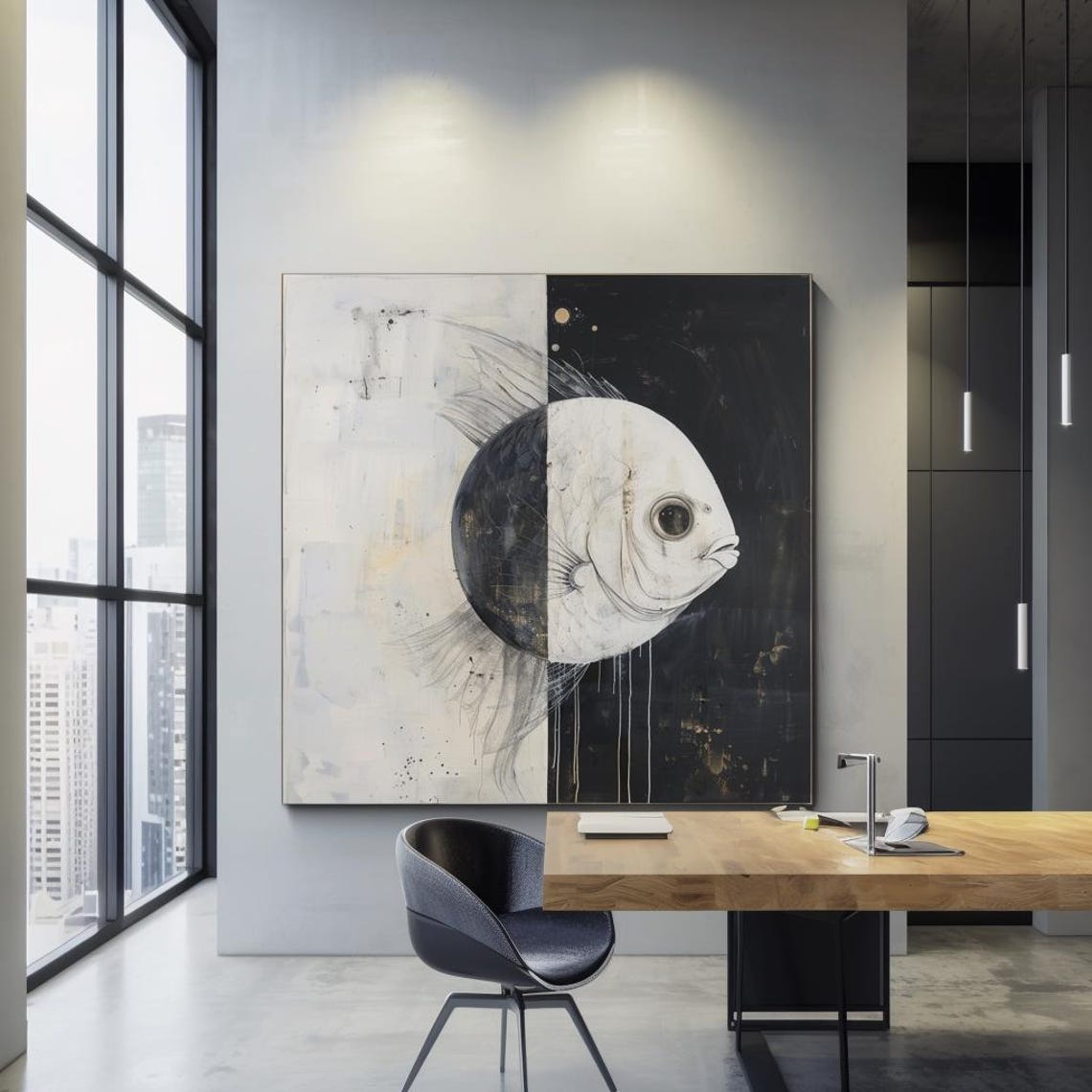 Split Black And White Canvas With White Fish Face Centered Poster - Image 3