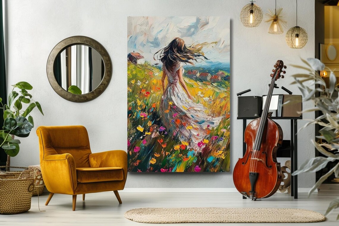 Woman In White Dress Walking Through Wildflower Field Poster